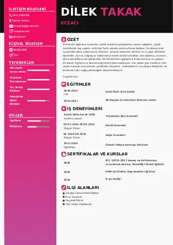 Eczacı CV Örnekleri cv indir